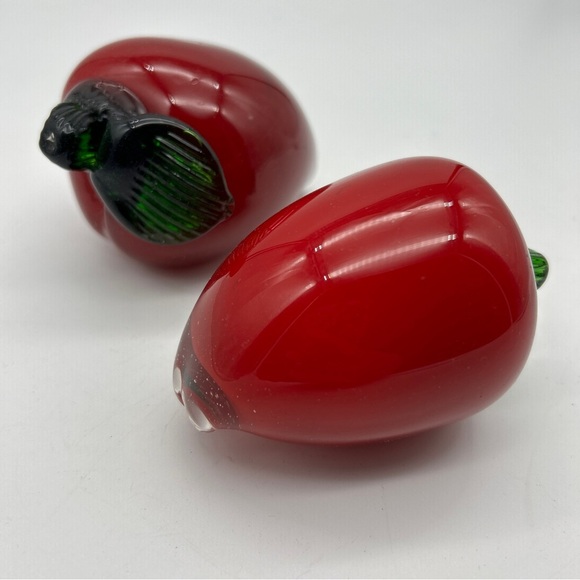 Set Of 2 Red Peppers Vintage Murano Style Art Glass Hand Blown Vegetable Fruit - Picture 9 of 13